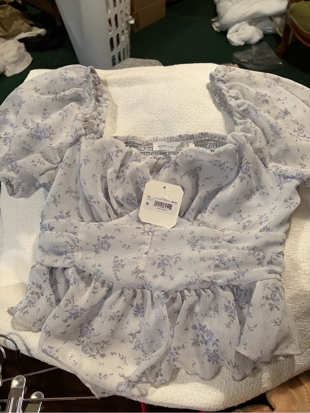 NWT Altar’d State Light Blue Floral Puff Sleeve Peplum Blouse Top Size L